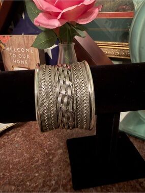 Wide Woven Metal Cuff Bracelet in Silver Tone